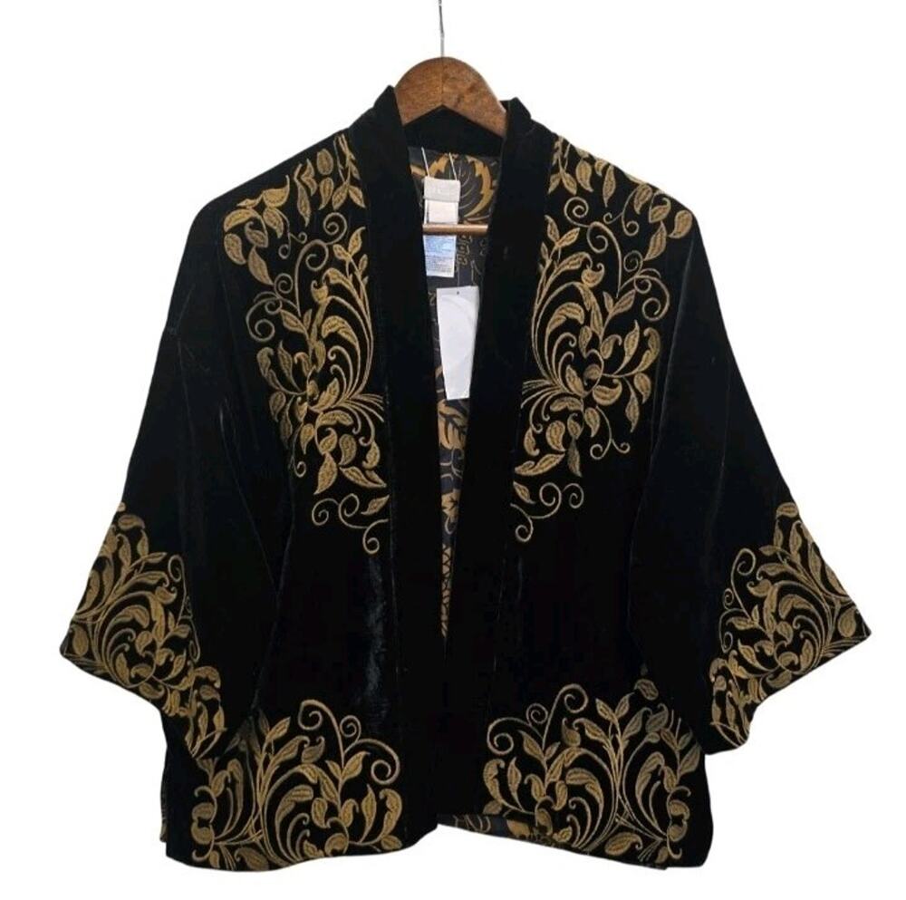 Chicos Black Velvet Reversible Short Kimono Covering Ruana Gold Embroidered S/M